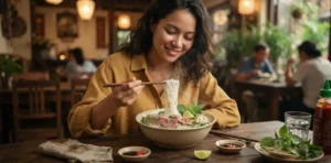 Woman enjoying steaming bowl of pho