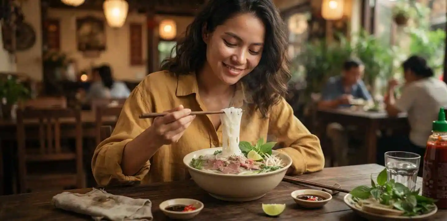 Woman enjoying steaming bowl of pho