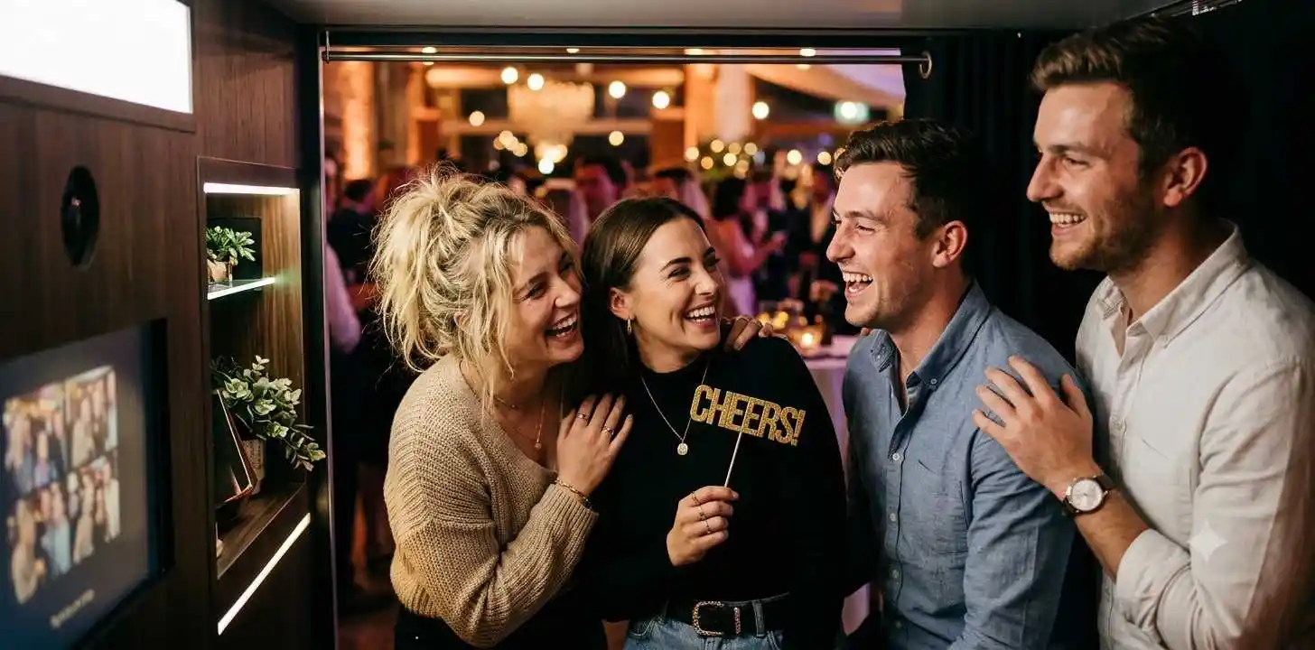 Friends laughing together inside a photo booth