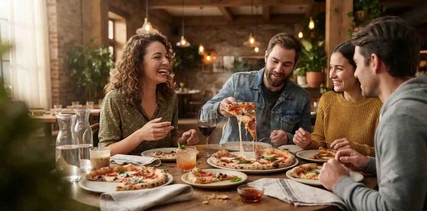 Friends enjoying fresh pizza together