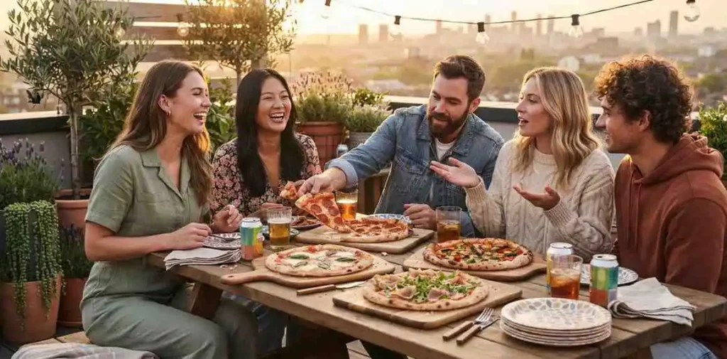 Fresh cheesy pizza served on wooden table