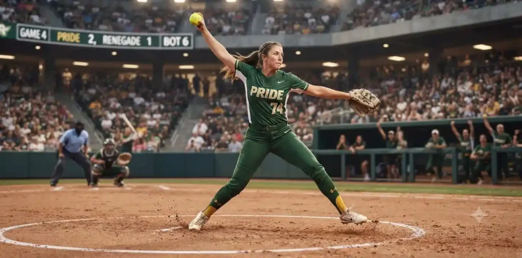 Monica Abbott pitching during professional softball game