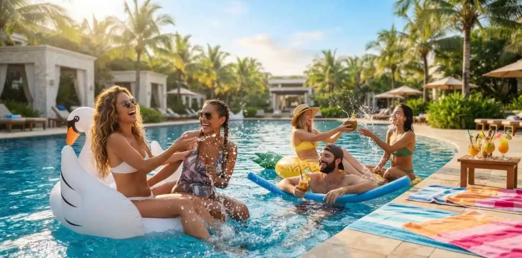 Friends relaxing beside a sunny swimming pool