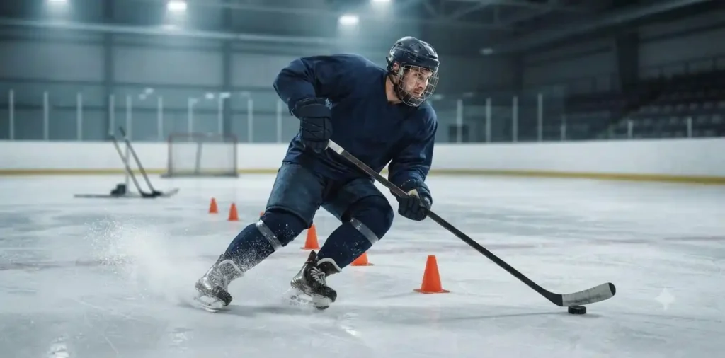 Hockey player practicing drills on an ice rink