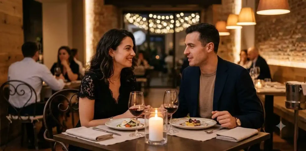 Couple enjoying a romantic dinner at an elegant restaurant