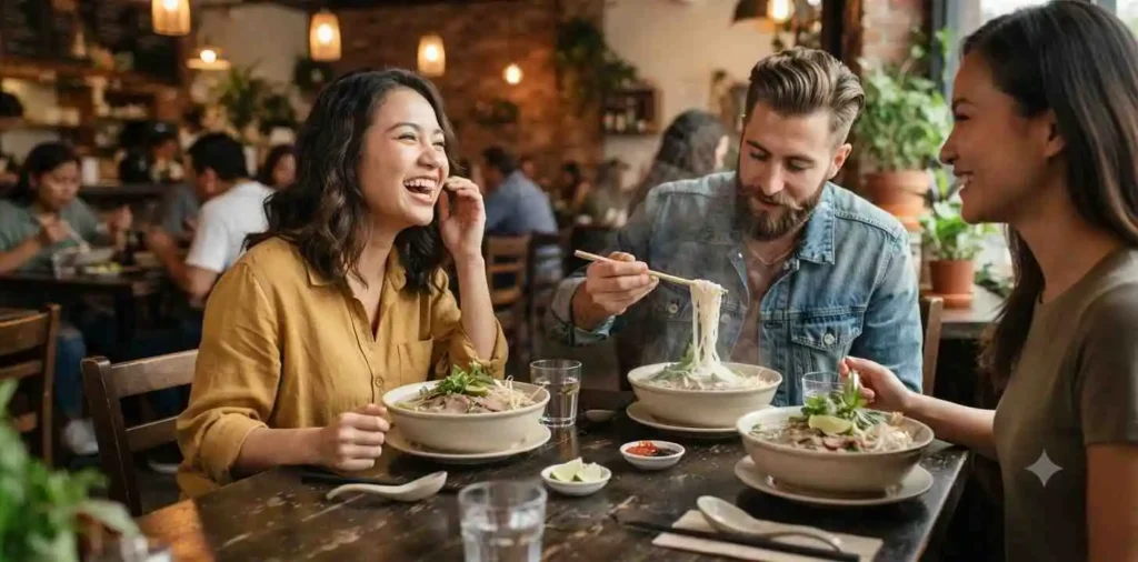 Friends enjoying pho together at Vietnamese restaurant