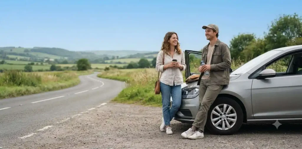 Friends enjoying a road trip beside their car