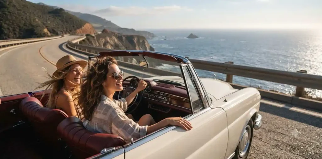 Friends enjoying a scenic summer road trip