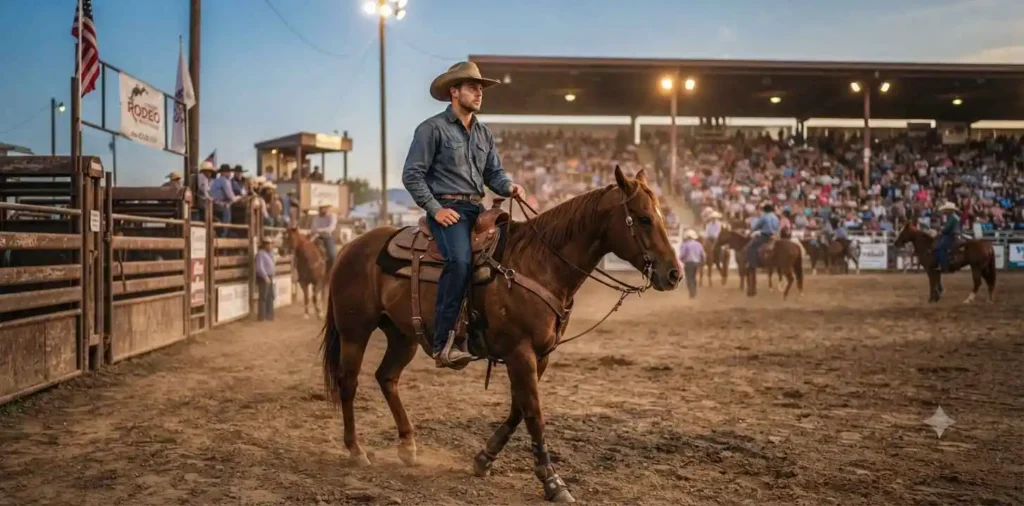 Rodeo rider entering a crowded western arena
