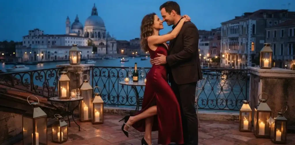Couple holding hands woman wearing red dress