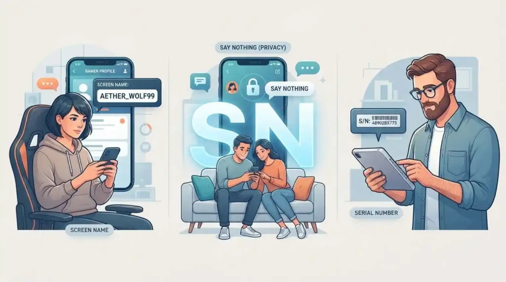 SN used for screen name privacy and serial number