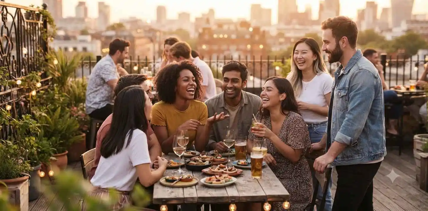 Friends enjoying a lively outdoor social gathering
