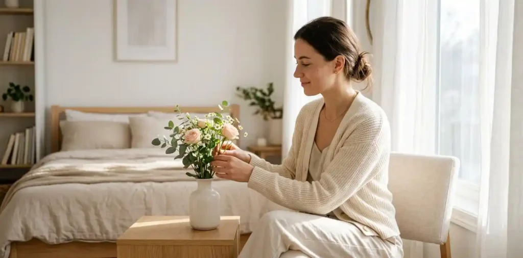 Woman relaxing beside a sunlit bedroom window