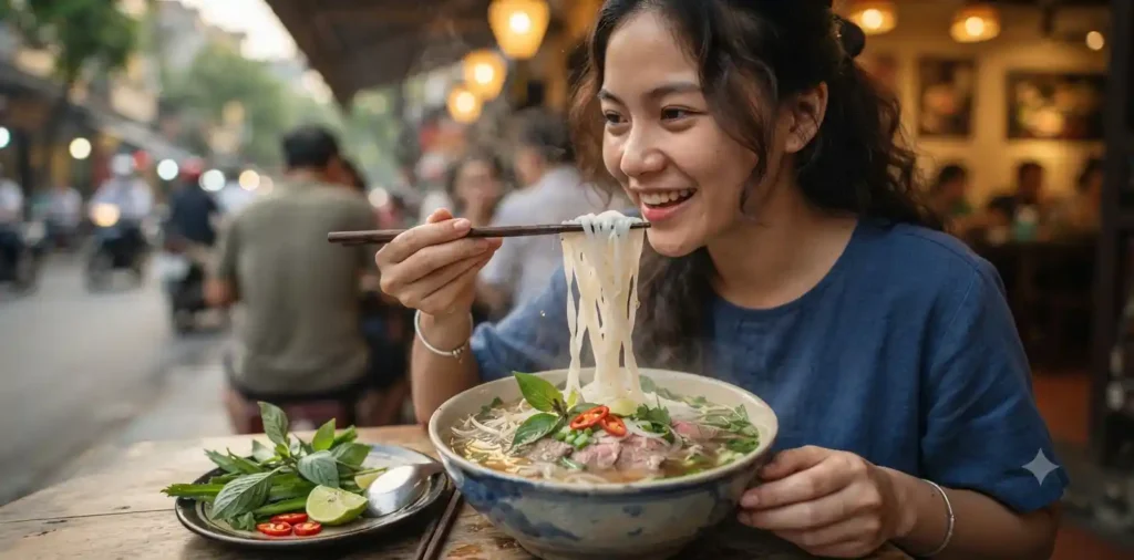 Person lifting noodles from steaming pho bowl