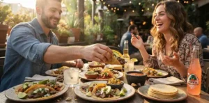 Friends enjoying tacos at outdoor restaurant