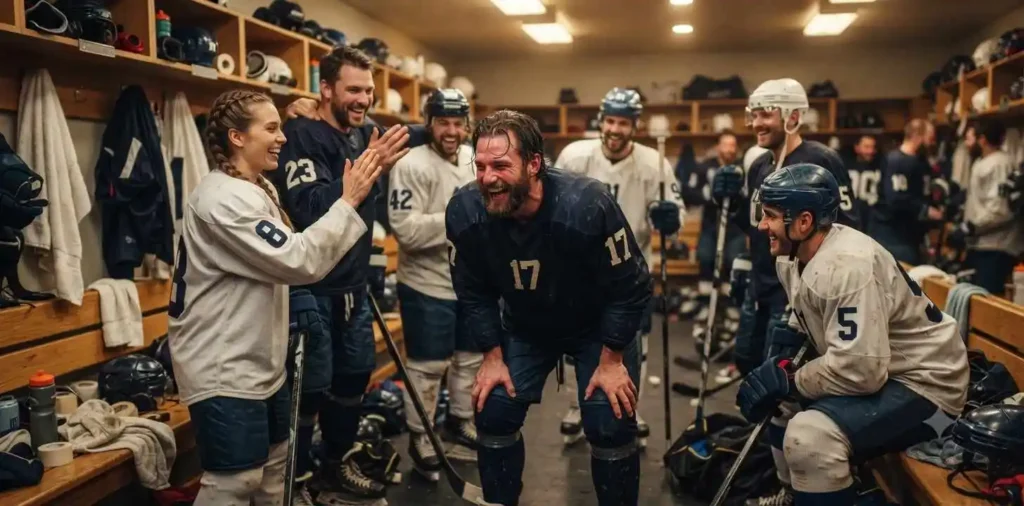 Hockey teammates celebrating together after a game