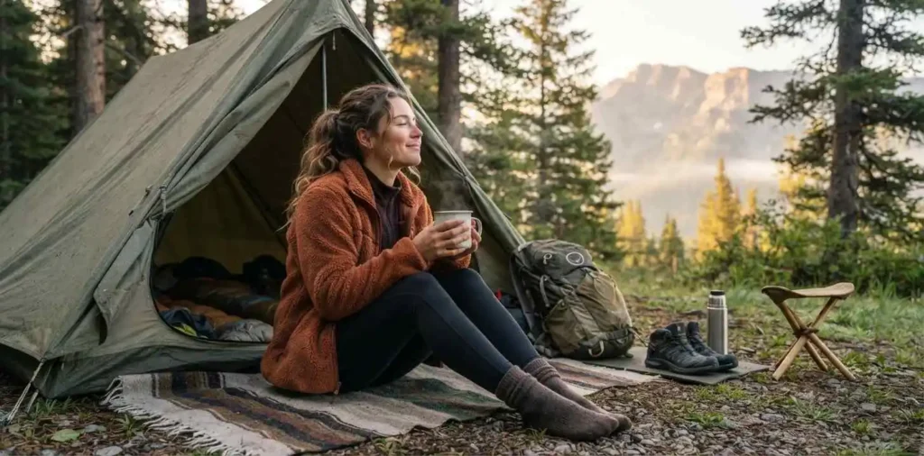 Woman relaxing outside her tent in the mountains