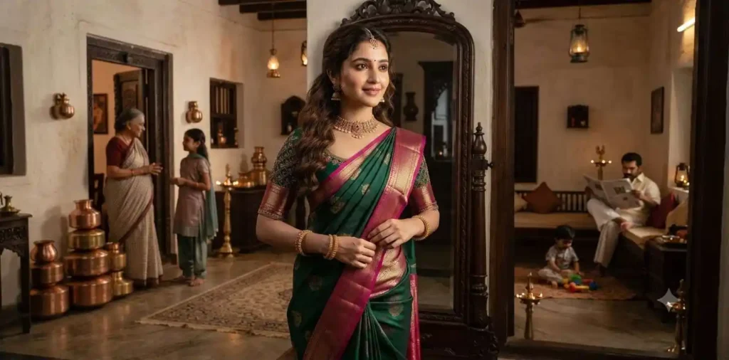 Woman adjusting saree in traditional home setting