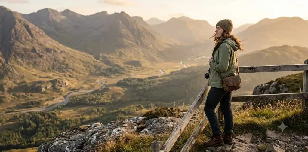 Traveler admiring mountains during golden hour