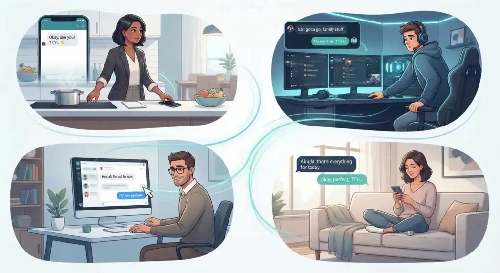 Adults using TTYL while leaving texts, group chats, social media, and gaming conversations.