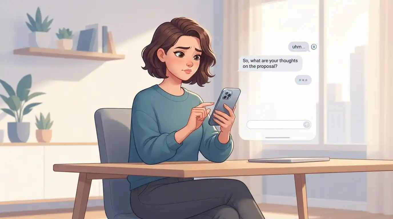 Person hesitating while typing a casual text message
