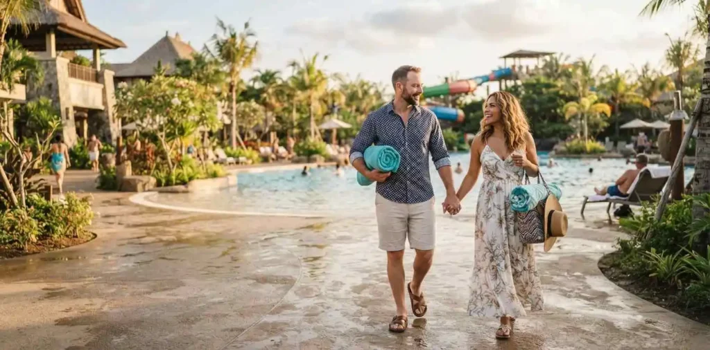 Couple enjoying a tropical water park vacation