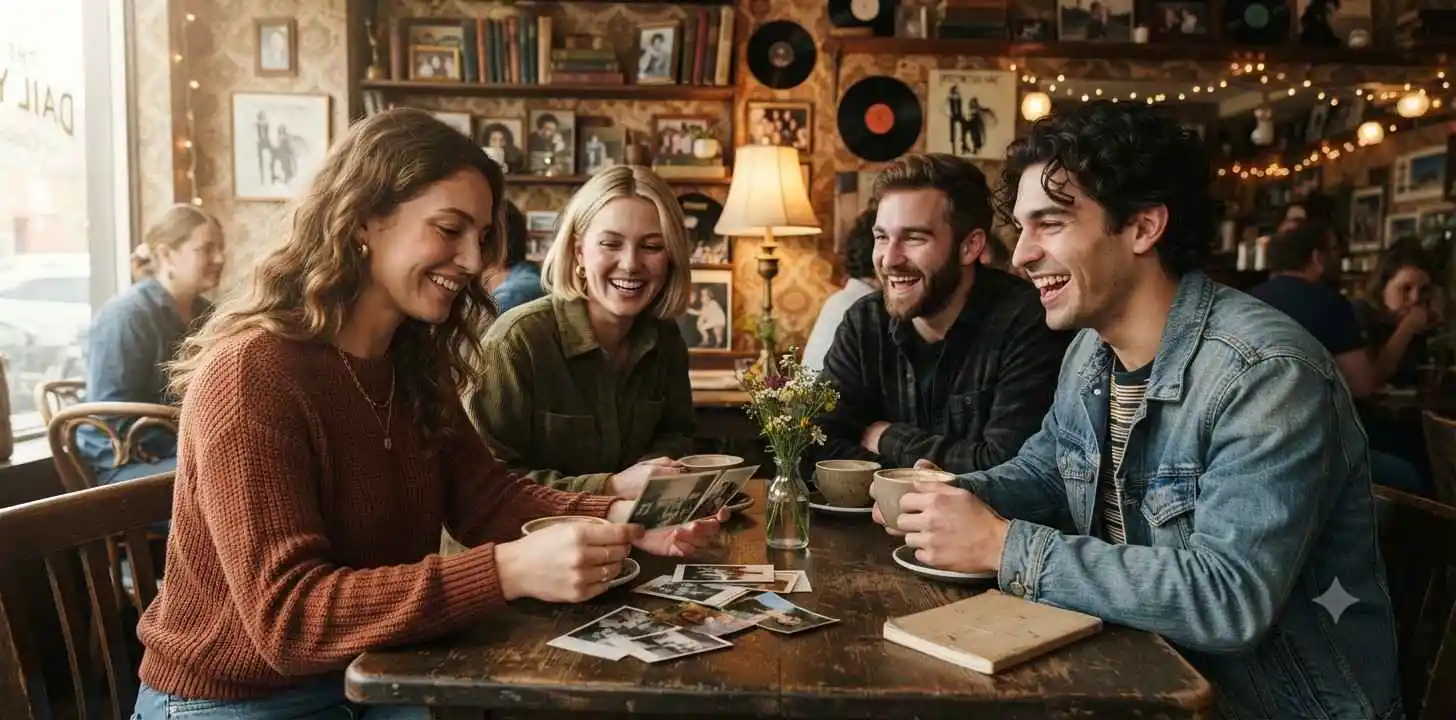 Friends sharing a nostalgic vintage moment
