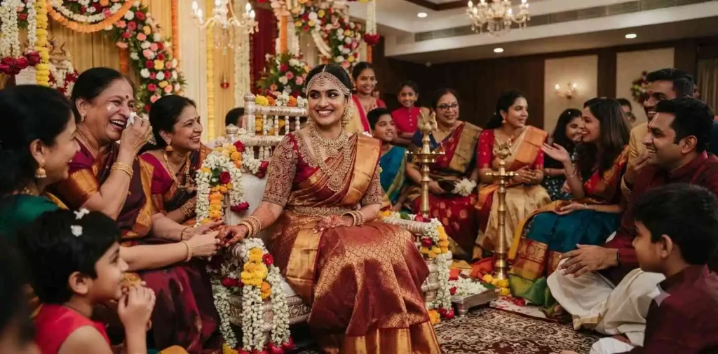 Bride smiling during wedding ceremony in saree