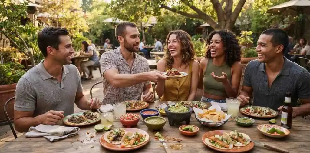 Friends sharing tacos during weekend lunch