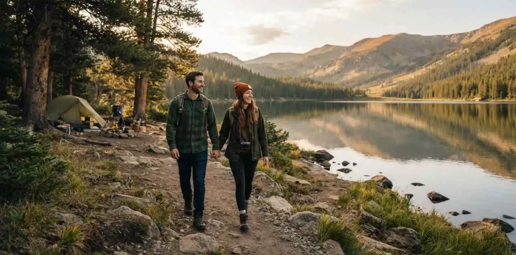 Couple exploring a scenic lakeside campsite together