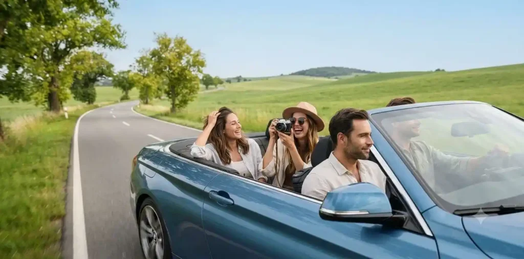 Friends enjoying a scenic countryside drive