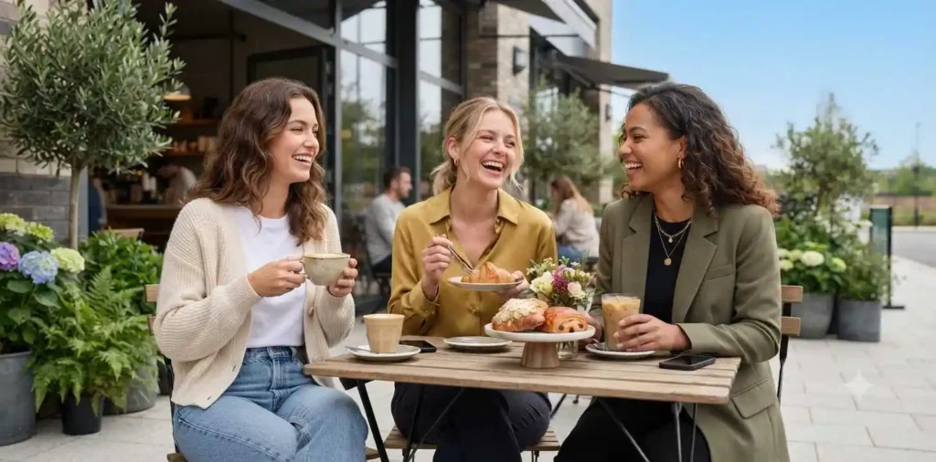 Friends relaxing with coffee in a sunny park