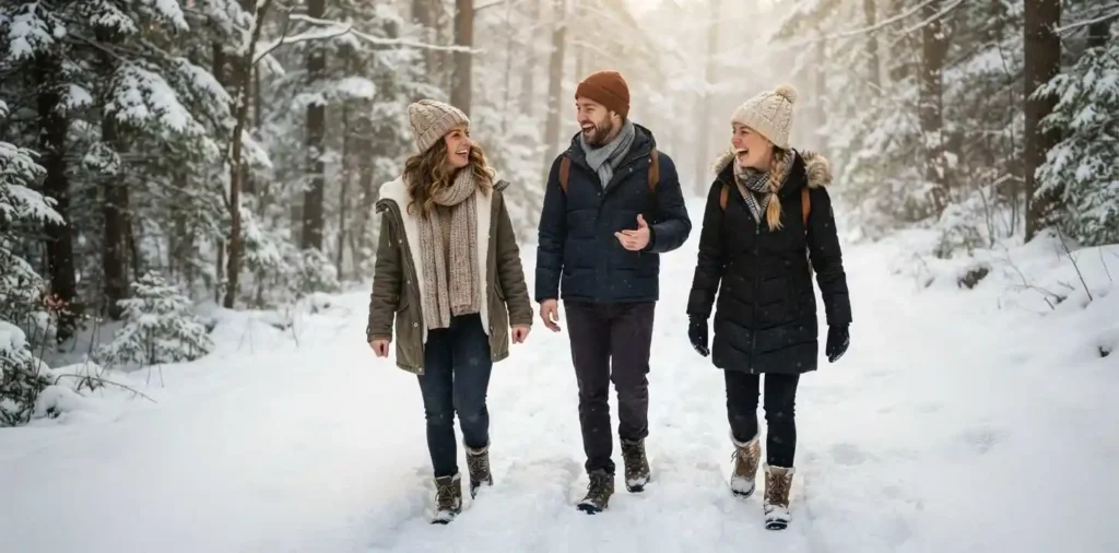 Friends walking through a snowy forest in winter