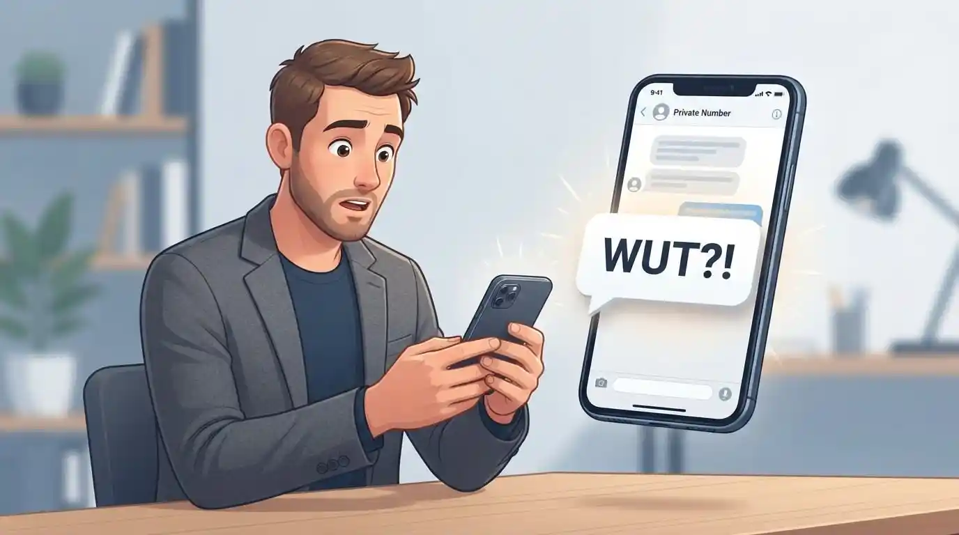 Adult reacting to a surprising text saying WUT