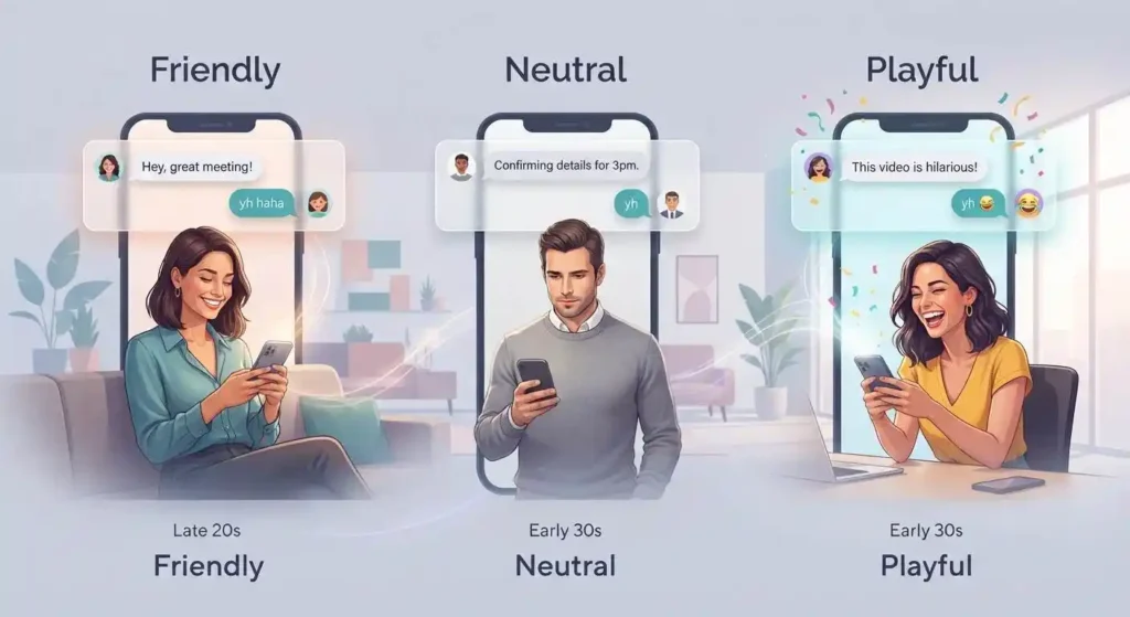 Different texting contexts showing how YH can sound friendly, neutral, or playful
