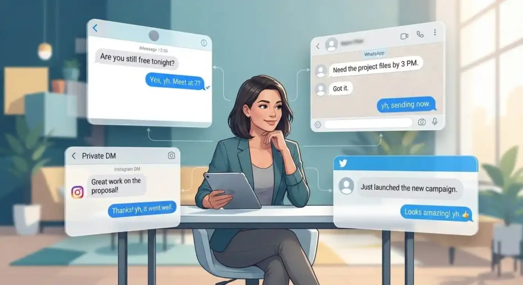 Examples of YH used in texts, DMs, group chats, and social media conversations