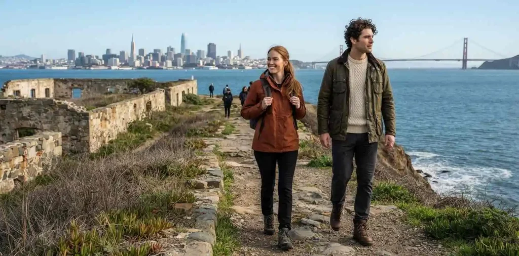 Friends exploring Alcatraz Island coastal trail