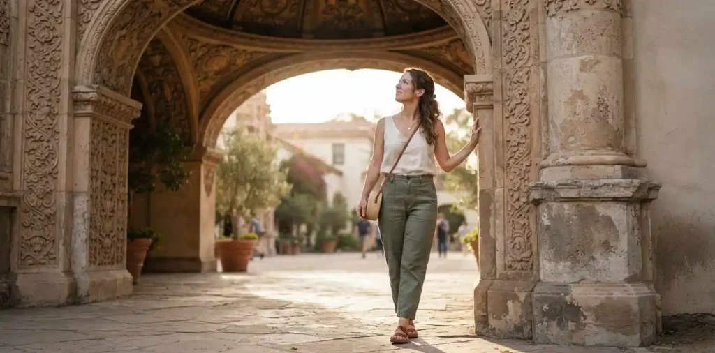 Woman admiring Balboa Park architecture