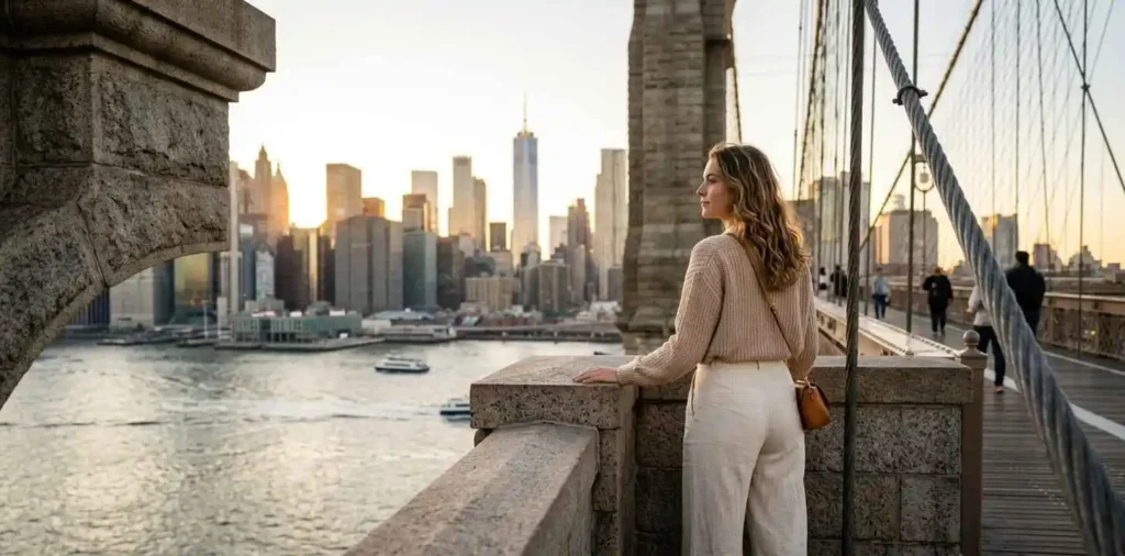 Traveler admiring Manhattan from Brooklyn Bridge