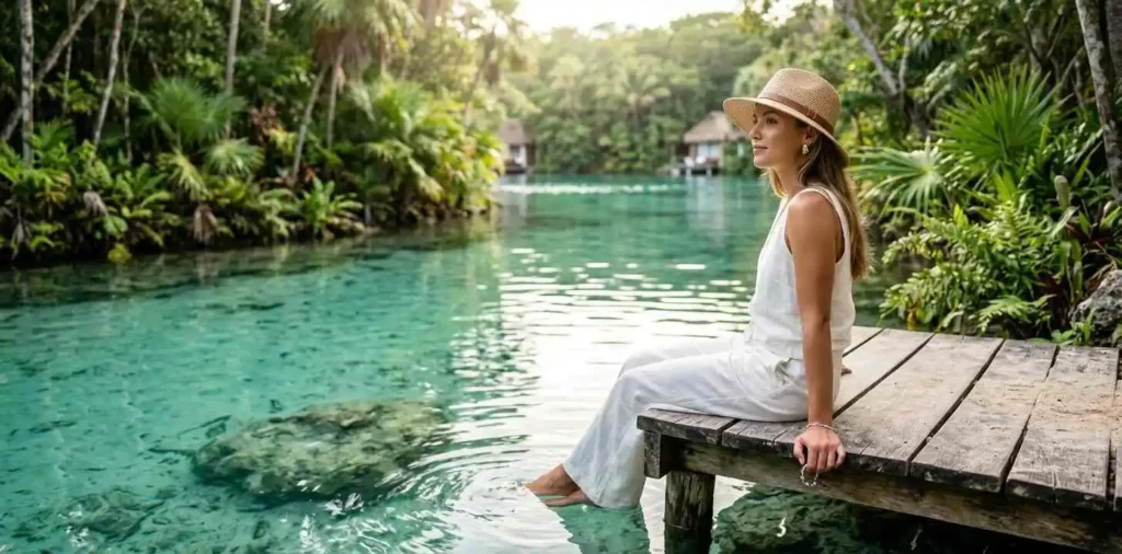Woman relaxing beside turquoise Cancún waters