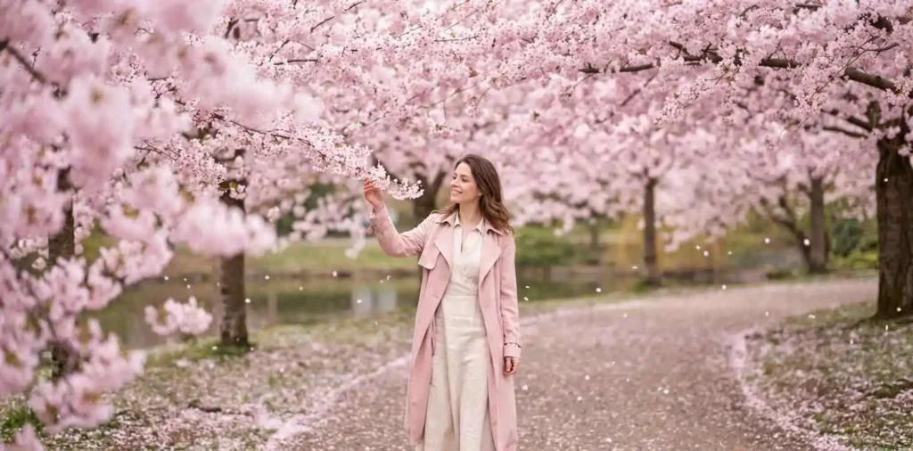 Woman enjoying blooming cherry blossoms on a spring walk