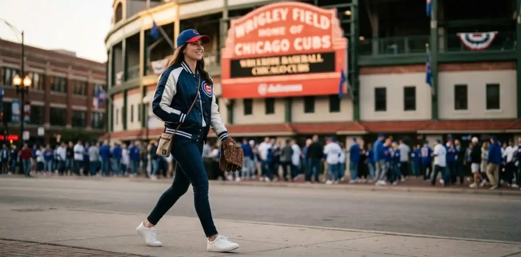 Stylish Cubs fan outside Wrigley Field