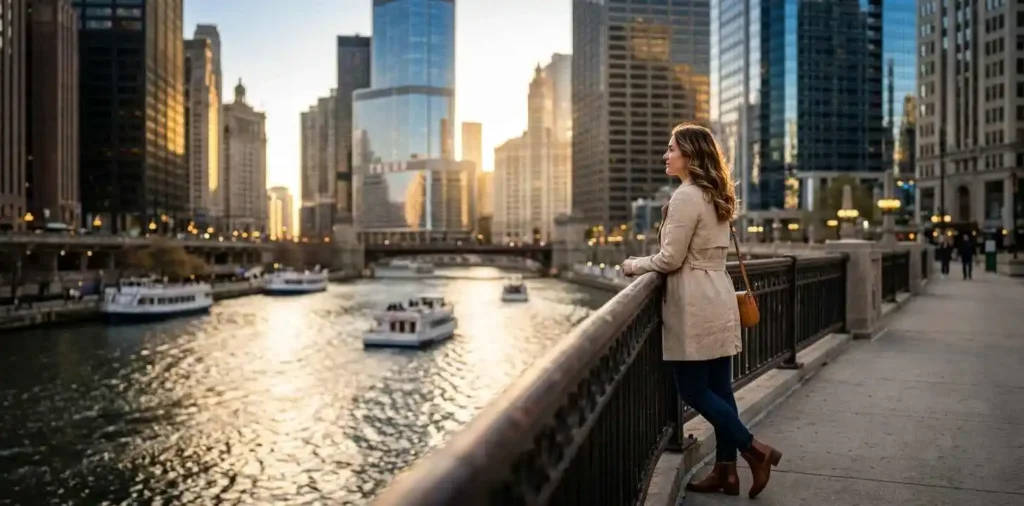 Woman admiring Chicago River skyline at sunset