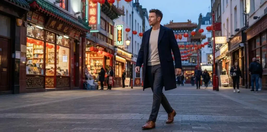 Stylish traveler walking through Chinatown street