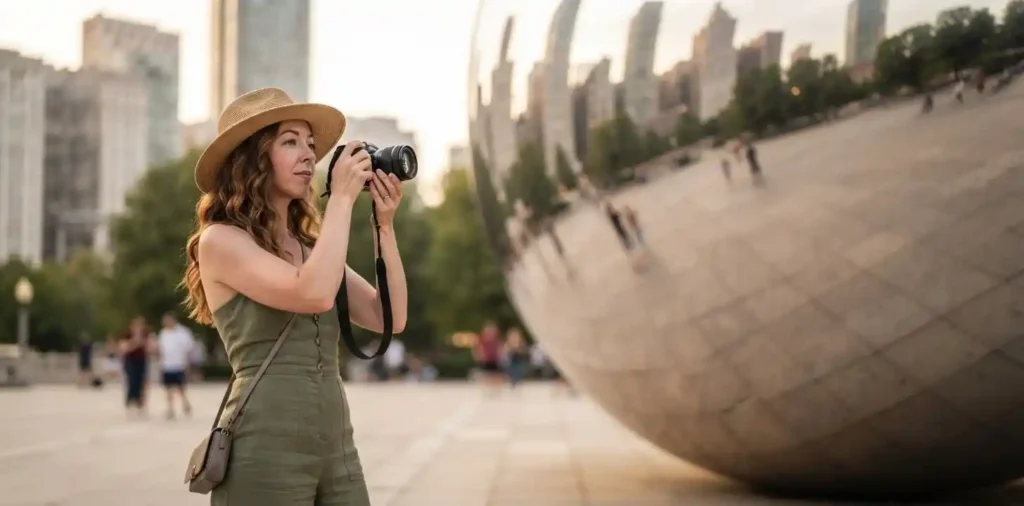 Traveler admiring Cloud Gate reflections in Chicago