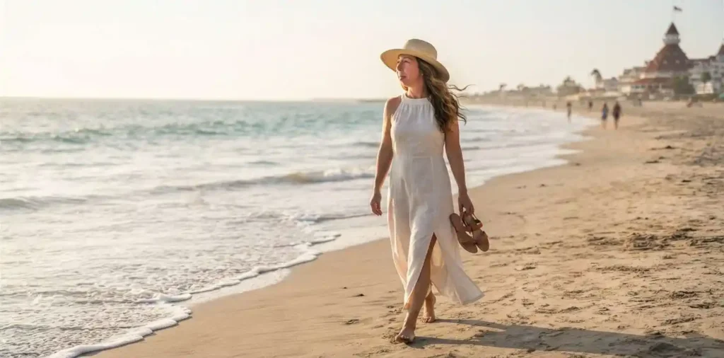 Woman walking along Coronado Beach shoreline