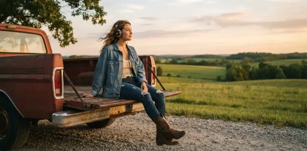 Woman listening to music on a country road