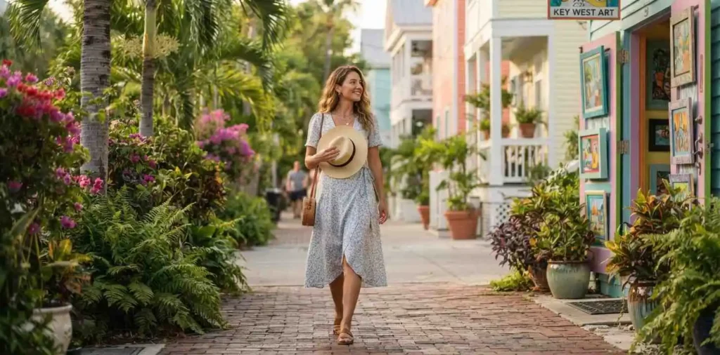 Woman exploring colorful Key West streets