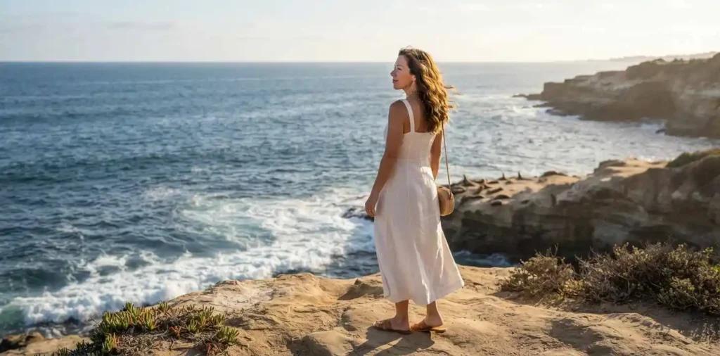 Woman overlooking La Jolla Cove coastline