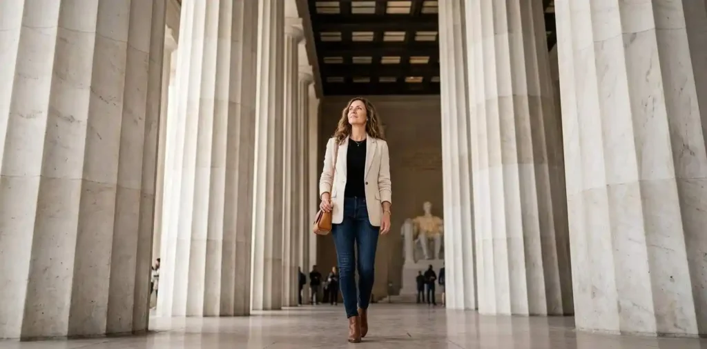 Woman standing among Lincoln Memorial columns